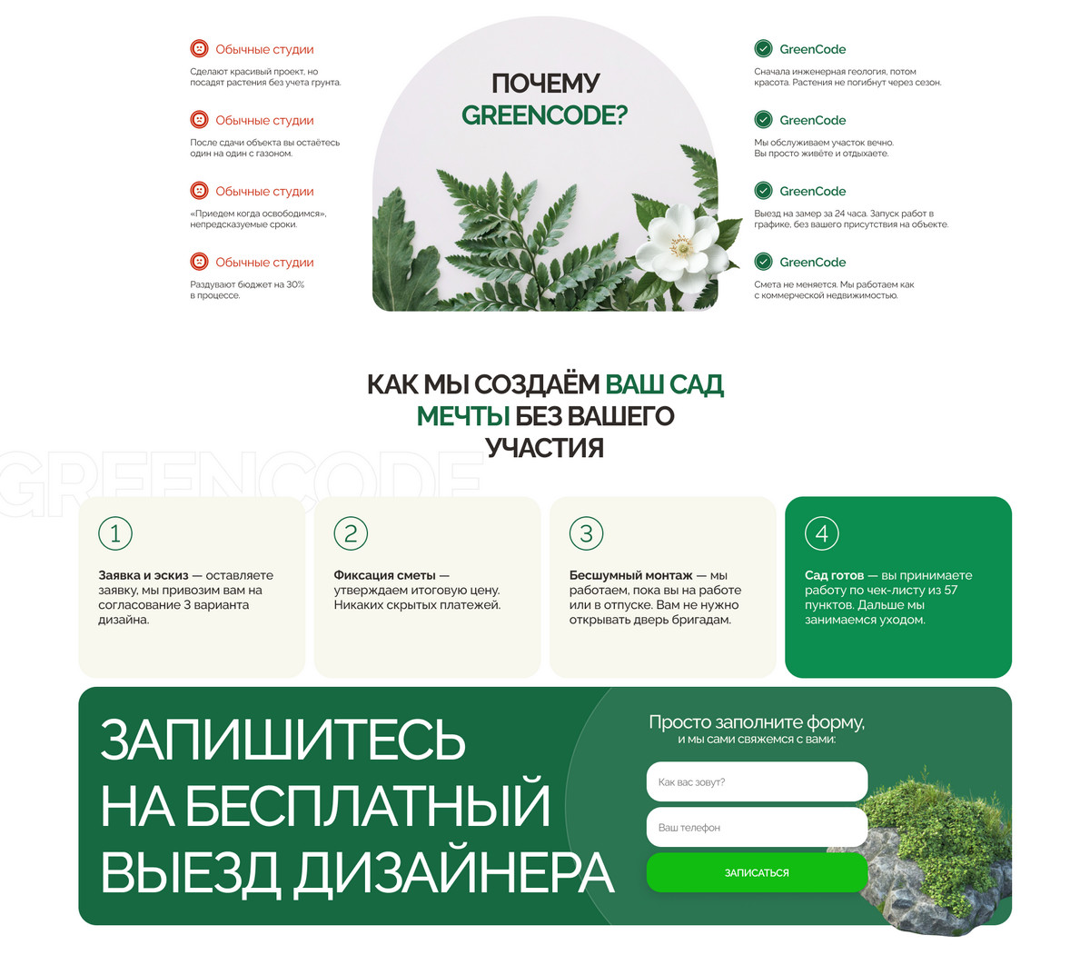 Преимущества компании ландшафтного дизайна + CTA